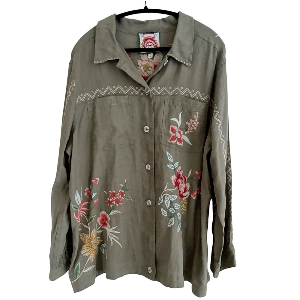 Johnny Was Plus Size Army Green Andrean Relaxed Linen Jacket Size 1X